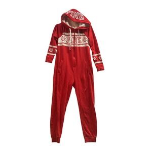 Victoria's Secret PINK Red Snowflake Holiday Hooded Onesie Pajamas XS Sherpa Zip